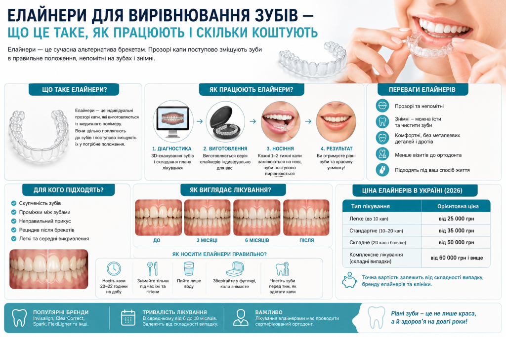 Інфографіка про елайнери для вирівнювання зубів, принцип роботи, етапи лікування та орієнтовну вартість.