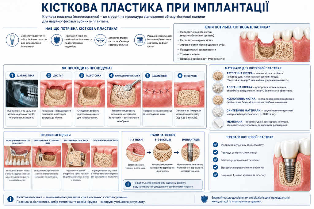 Інфографіка з етапами та методиками кісткової пластики перед зубною імплантацією