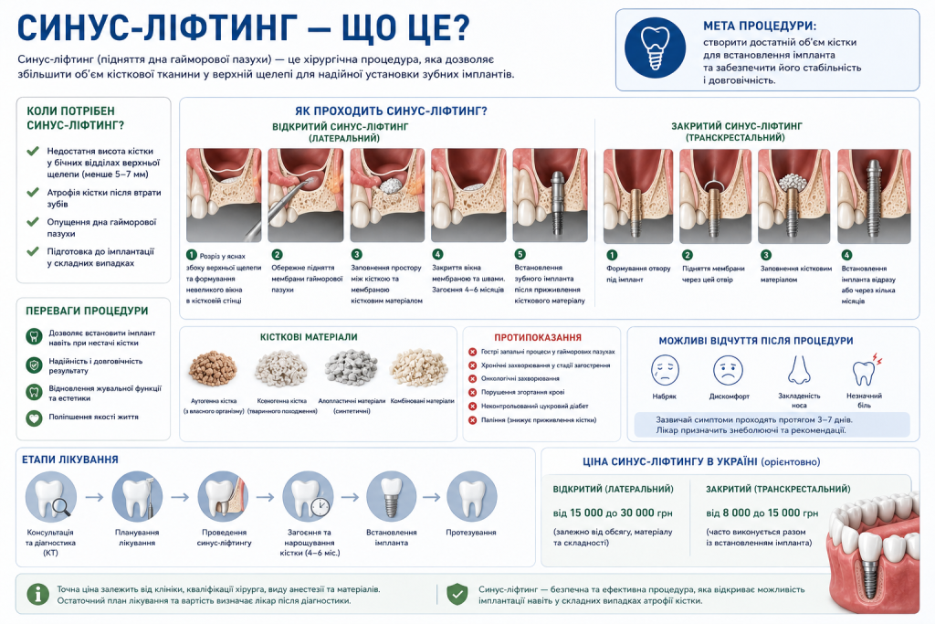 Інфографіка з описом процедури синус-ліфтингу, показаннями та вартістю в Україні