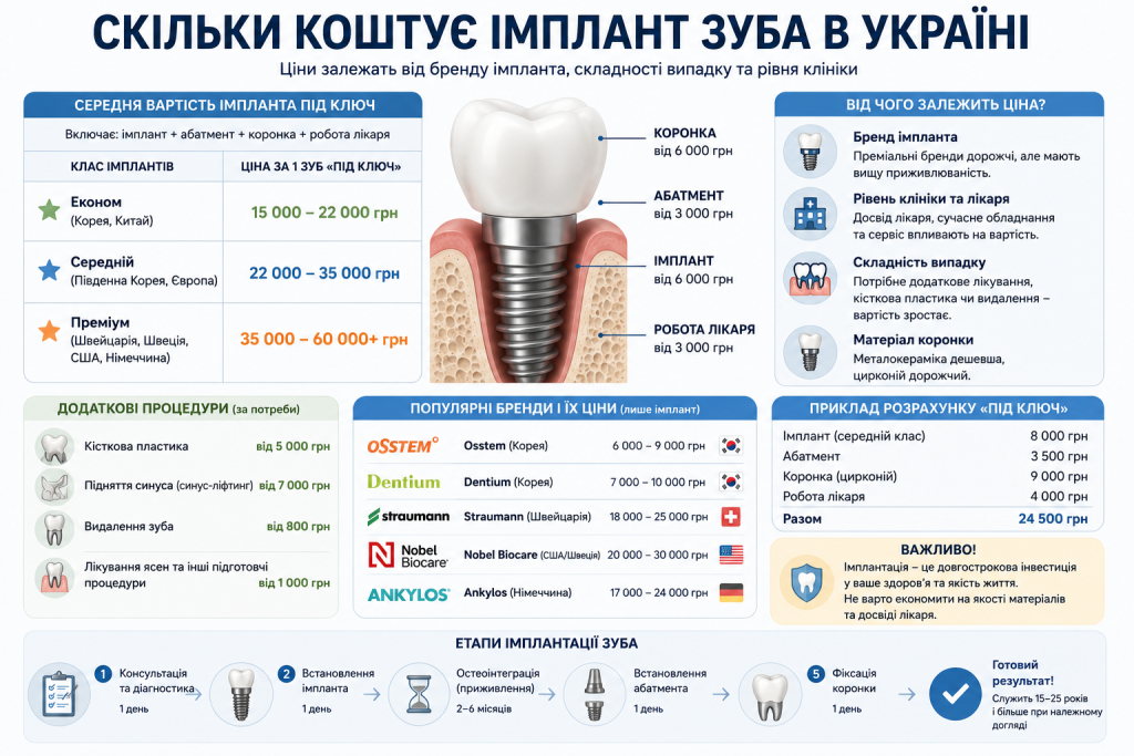 Інфографіка з цінами на зубні імпланти в Україні — вартість під ключ за класами, популярні бренди, додаткові процедури та етапи імплантації
