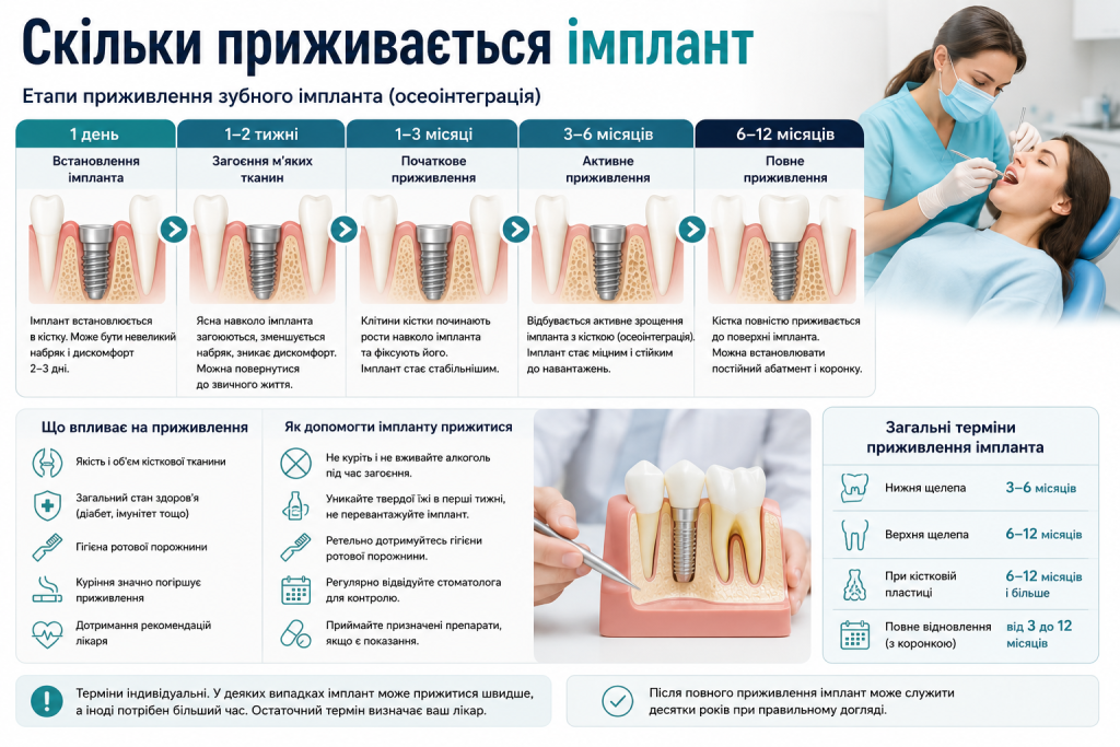 Інфографіка з етапами приживлення зубного імпланта від 1 дня до 12 місяців