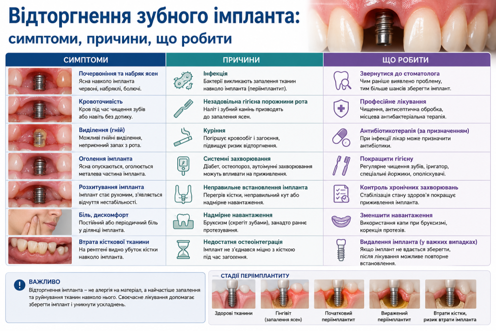 Таблиця симптомів, причин та рекомендацій при відторгненні зубного імпланта