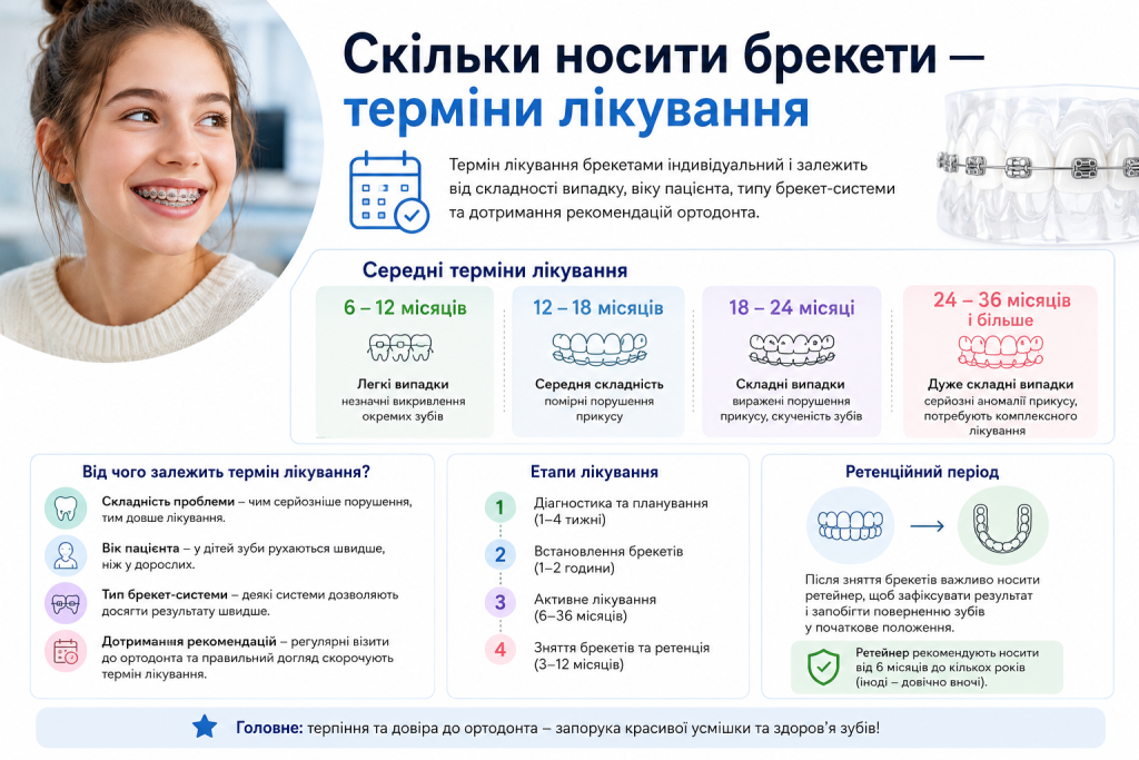 Інфографіка про середні терміни лікування брекетами залежно від складності випадку, віку пацієнта та етапів ортодонтичного лікування.